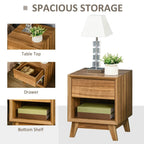Walnut brown end table with drawer and bottom shelf, spacious open storage compartments