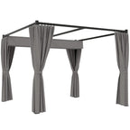 Grey metal pergola canopy with side curtains gathered at corner posts