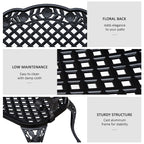 Black cast aluminum garden bench detail showing floral back and openwork lattice
