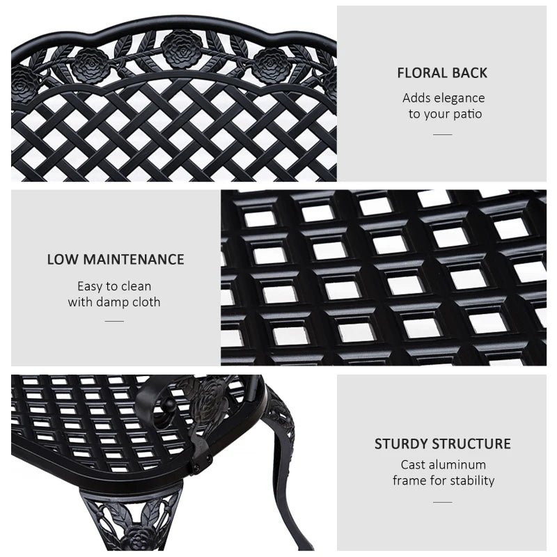 Black cast aluminum garden bench detail showing floral back and openwork lattice