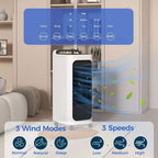 White portable air cooler with front control panel showing speed and timer settings