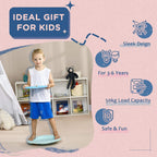 Kids blue balance board for ages 3–6, standing on the wobble surface
