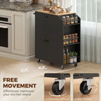 Black rolling kitchen island with cabinet doors, open side spice shelf, and wheels