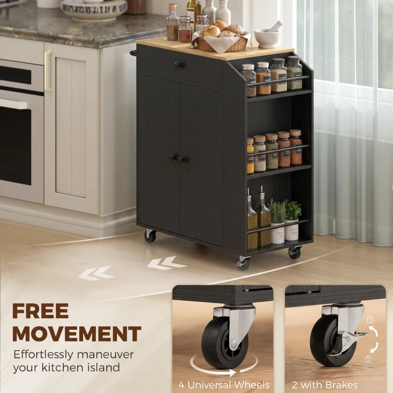 Black rolling kitchen island with cabinet doors, open side spice shelf, and wheels