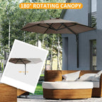 Khaki wall-mounted patio parasol with open canopy and dark rib frame