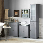 Grey bathroom storage cabinet with two drawers and double-door cupboard, metal handles