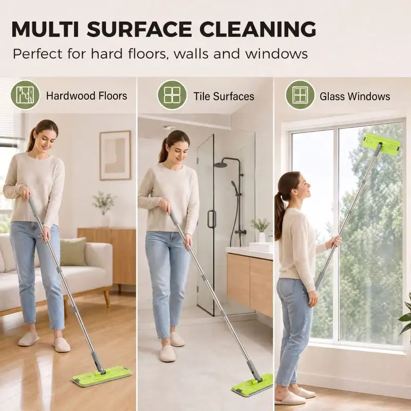 Flat mop set with green mop head and long handle for hard floors, walls, and windows