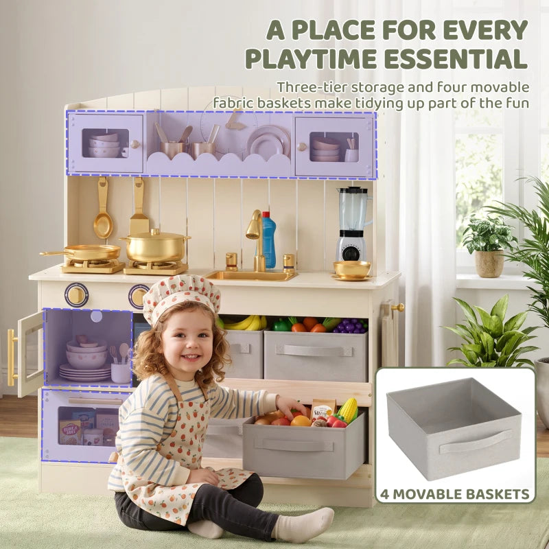 Cream play kitchen with open shelves and four movable fabric baskets for pretend play