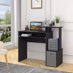 Black computer desk with open shelf, sliding keyboard tray, and side drawer