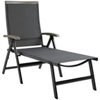 Grey folding sun lounger with mesh back and chaise-style reclining seat on metal frame