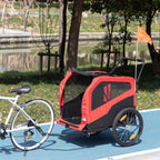 Red and black pet bicycle cart with side door mesh window and hitch connection