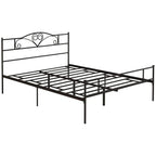 Black metal bed frame with scrollwork headboard and footboard, slatted base