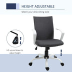Dark grey upholstered office chair with armrests, thick seat cushion, and wheeled white base