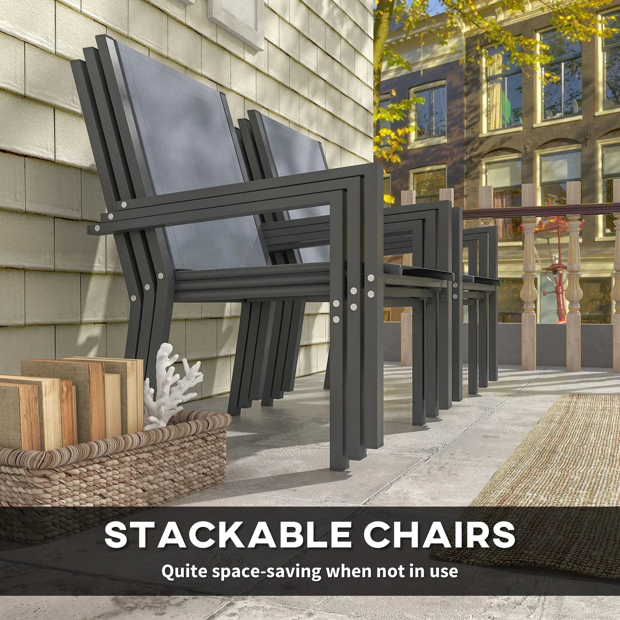 Seven-Piece Garden Dining Set, with Plastic Wood-Top Table - Grey - Bobobiy