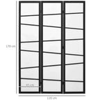 Three-panel room divider with white panels, black frame, shown with width and height marks