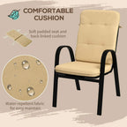 Beige cushioned patio armchair with black armrests and water-repellent fabric cushion