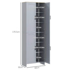 Grey freestanding pantry cabinet with open doors and shelf height spacing markings