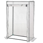 White mini greenhouse with PE panels, open roll-up side, and base feet
