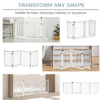 White folding wooden pet gate with vertical bars, shown in multiple room configurations
