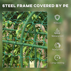 Green metal garden arch trellis with PE-covered frame and climbing net