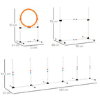 Pet agility set dimensions diagram showing hurdle, hoop, and weave poles measurement layout