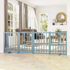 Blue four-panel dog gate barrier with vertical bars and hinged door section