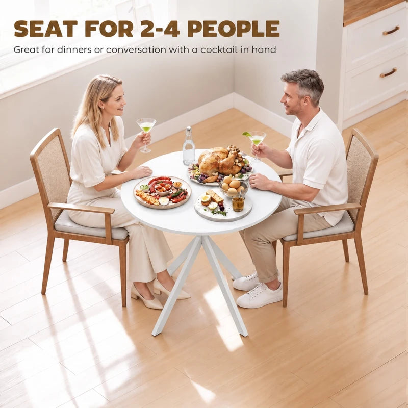 White round dining table with tripod base for small meals and drinks