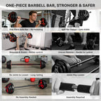 Adjustable barbell set infographic showing one-piece bar and split bar design