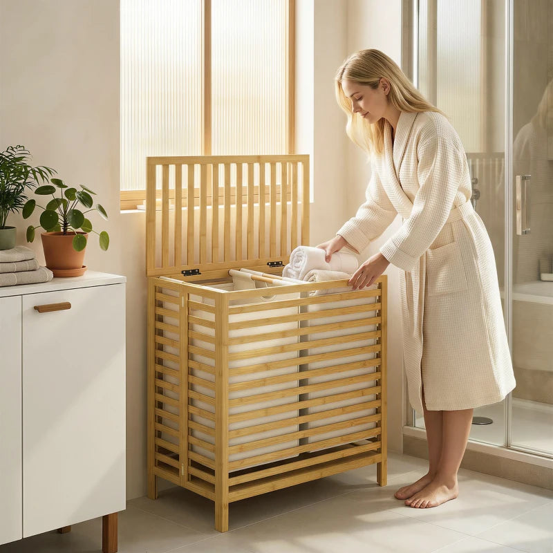 Bamboo laundry hamper with lid and slatted front, viewed from front-left angle