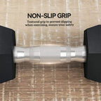 Black hex rubber dumbbells with textured non-slip knurled grip on chrome handle