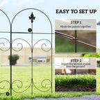 Black metal fence panel assembly showing vertical posts and arched top design