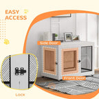 White dog cage with side and front mesh doors, lock hardware and inset view