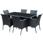 Black rattan dining set with 6 armchairs and rectangular glass-top table