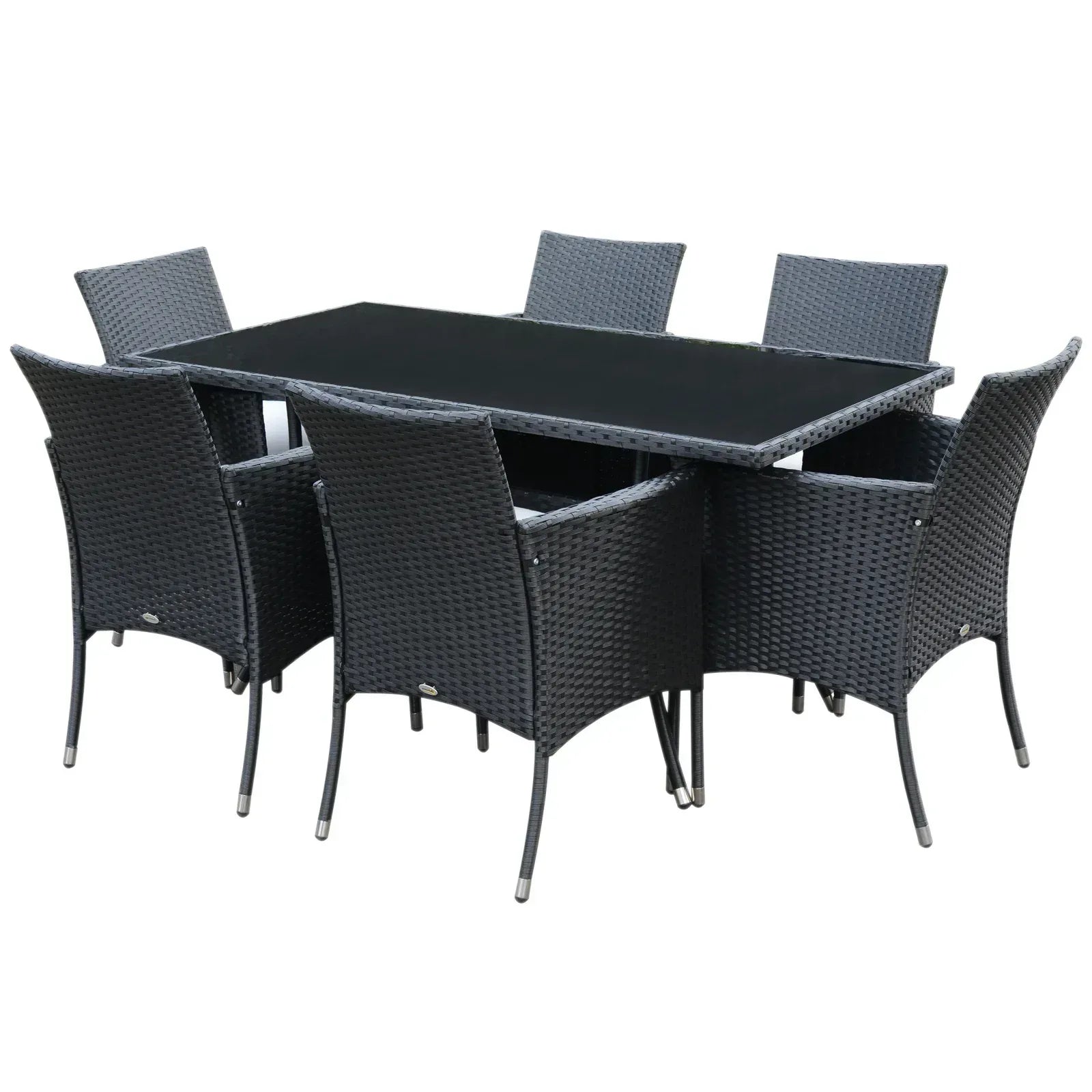 6 Seater Rattan Dining Set with Cushions, Rattan Garden Furniture Set with 6 Armchairs, Rectangular Glass Top Table, Outdoor Dining Table and Chairs, Black - Bobobiy