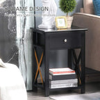 Black end table with drawer, X-frame base, and open lower storage shelf