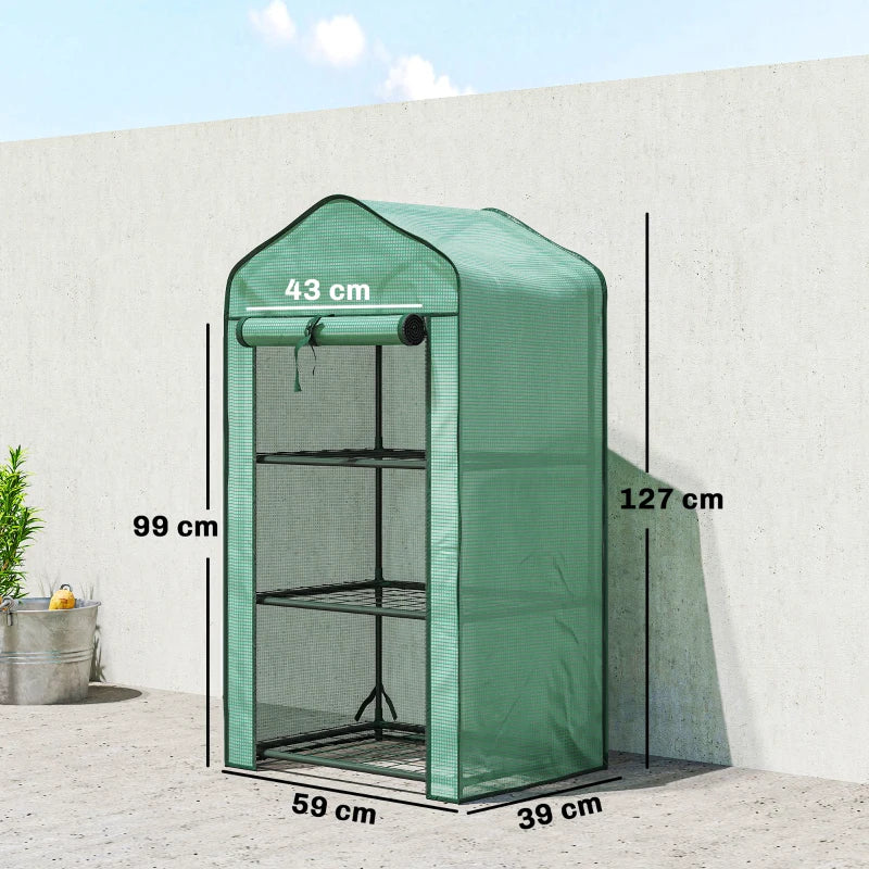 Green mesh three-tier mini greenhouse with arched top and open front view