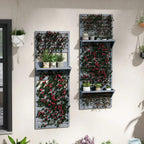 Wall-mounted grey plant trellis shelves set with tiered slats for pots