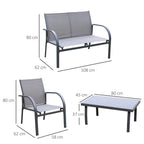 Charcoal grey 4-piece patio seating: bench, 2 arm chairs, and coffee table