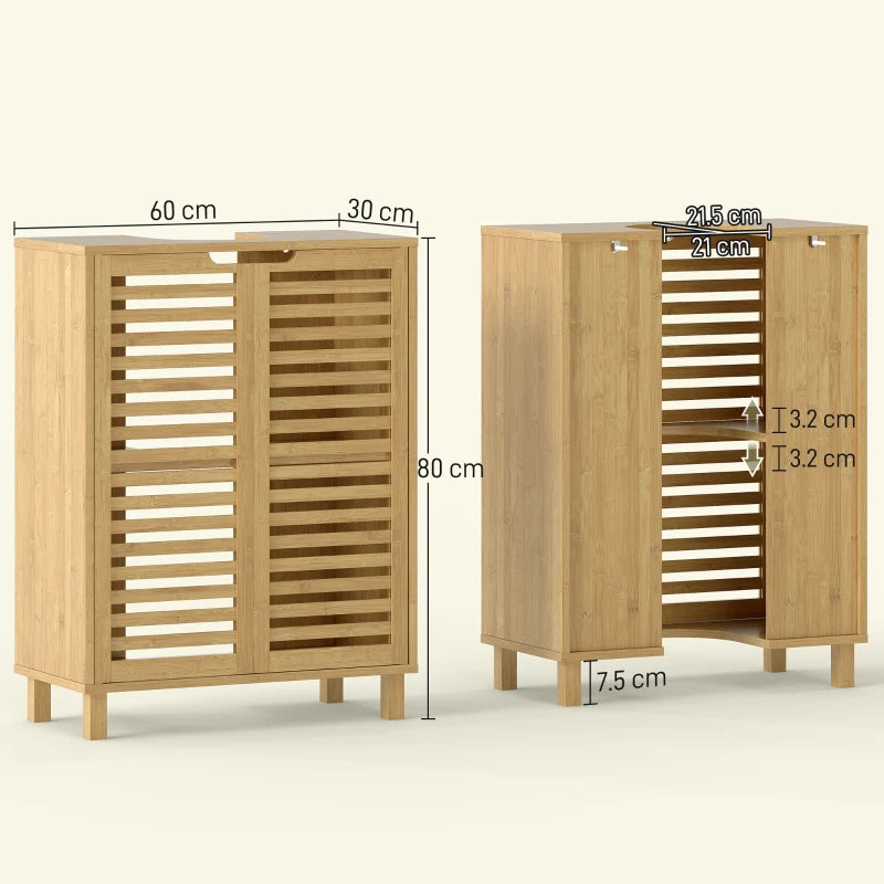 Natural wood under-sink cabinet with louvered doors, shown from front and side views