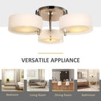 Chrome ceiling chandelier with three white acrylic shades and central downlight