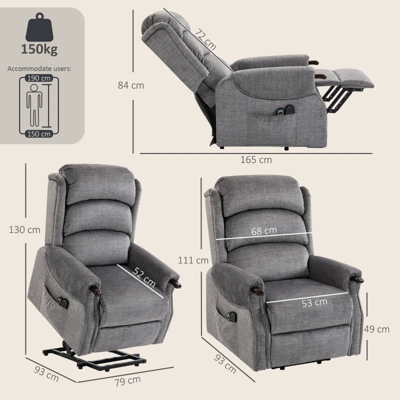 Light grey lift recliner chair shown from side with recline mechanism and remote