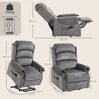 Light grey lift recliner chair shown from side with recline mechanism and remote