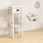 White side table with drawer and open shelf, gold handle, side view