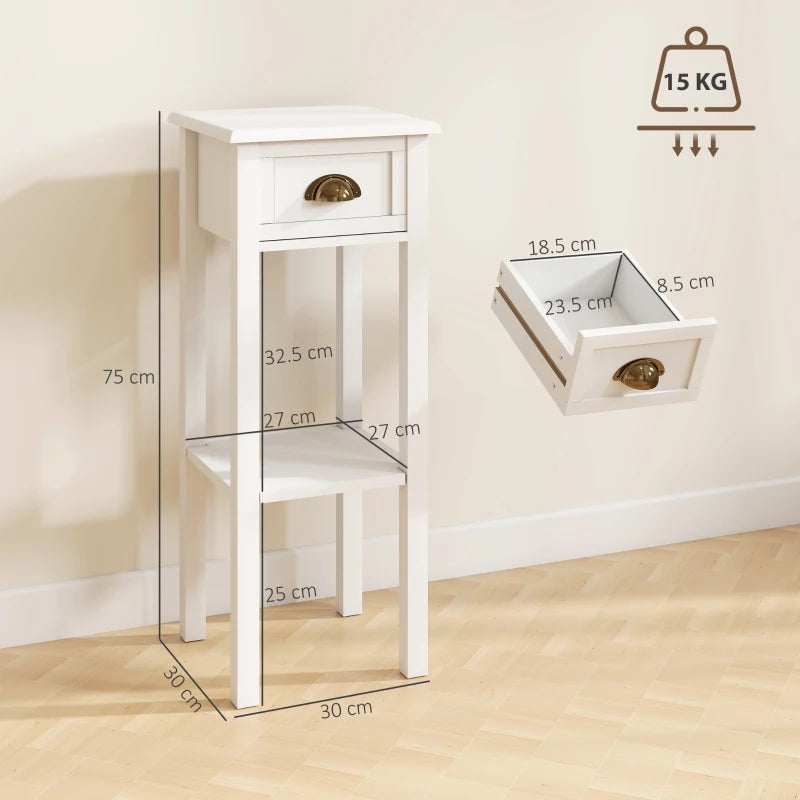White side table with drawer and open shelf, gold handle, side view