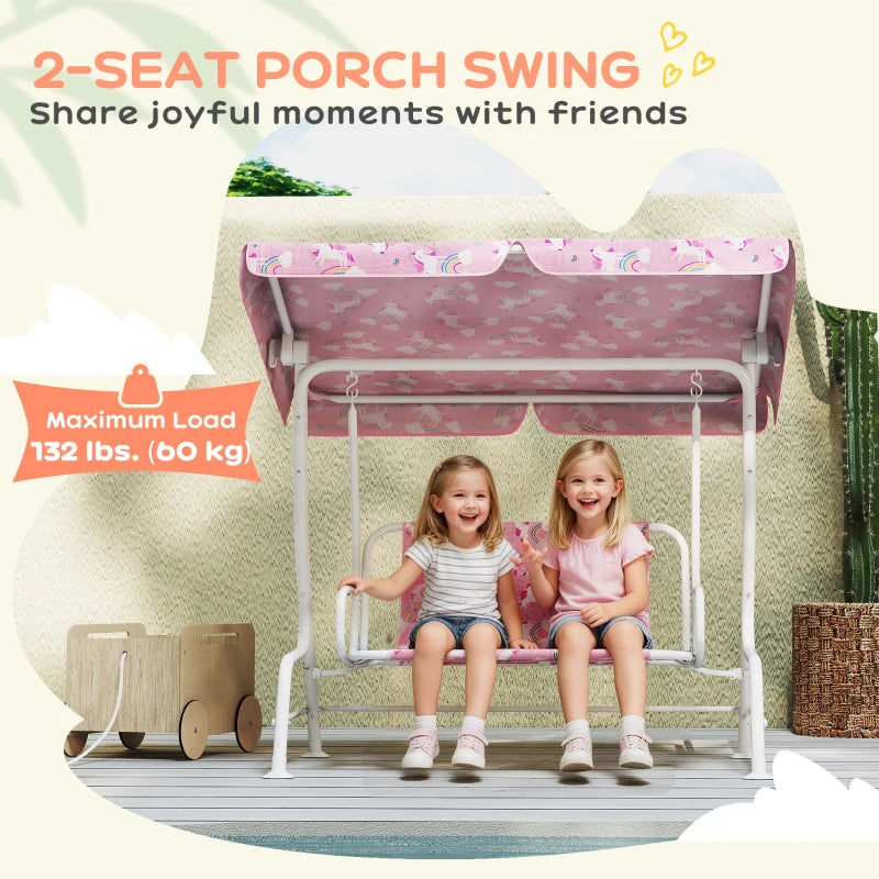 Kids pink 2-seat porch swing bench with canopy and unicorn-pattern seat cover