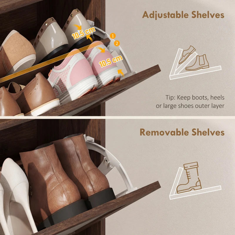 Interior of dark brown shoe cabinet with adjustable shelves and removable dividers
