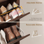 Interior of dark brown shoe cabinet with adjustable shelves and removable dividers