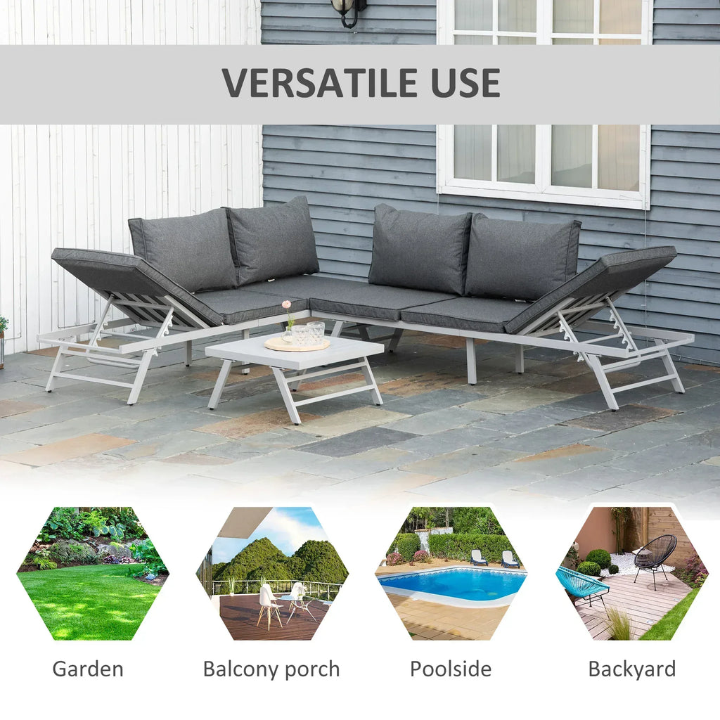 3 Pieces Garden Furniture Sets, 6 Seater Corner Sofa Set with Adjustable Backrest Chase Lounge with Slatted Metal Top Table, Padded Cushion, Grey - Bobobiy