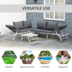 Grey outdoor sectional sofa with padded cushions and slatted metal coffee table