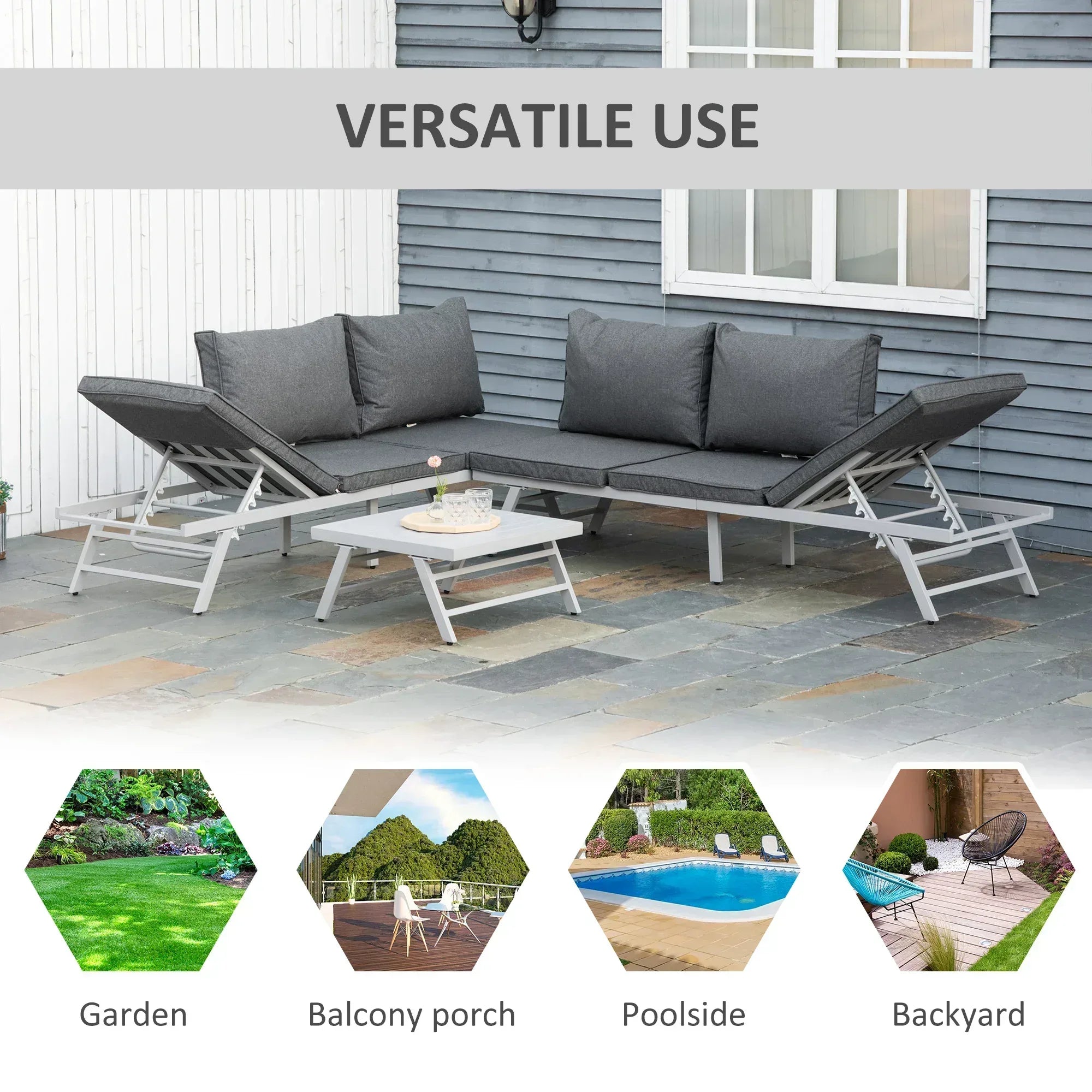 3 Pieces Garden Furniture Sets, 6 Seater Corner Sofa Set with Adjustable Backrest Chase Lounge with Slatted Metal Top Table, Padded Cushion, Grey - Bobobiy